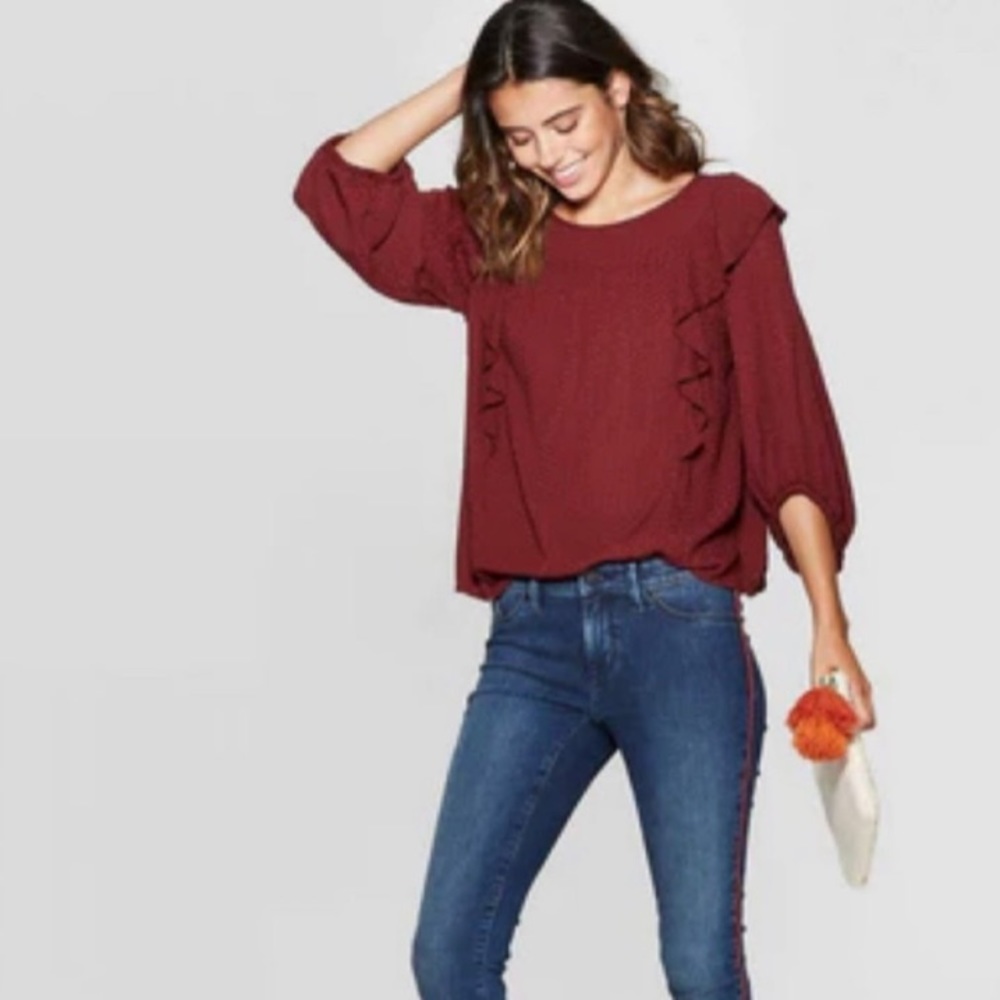 Universal Thread Burgundy Ruffle Long Sleeve Blouse